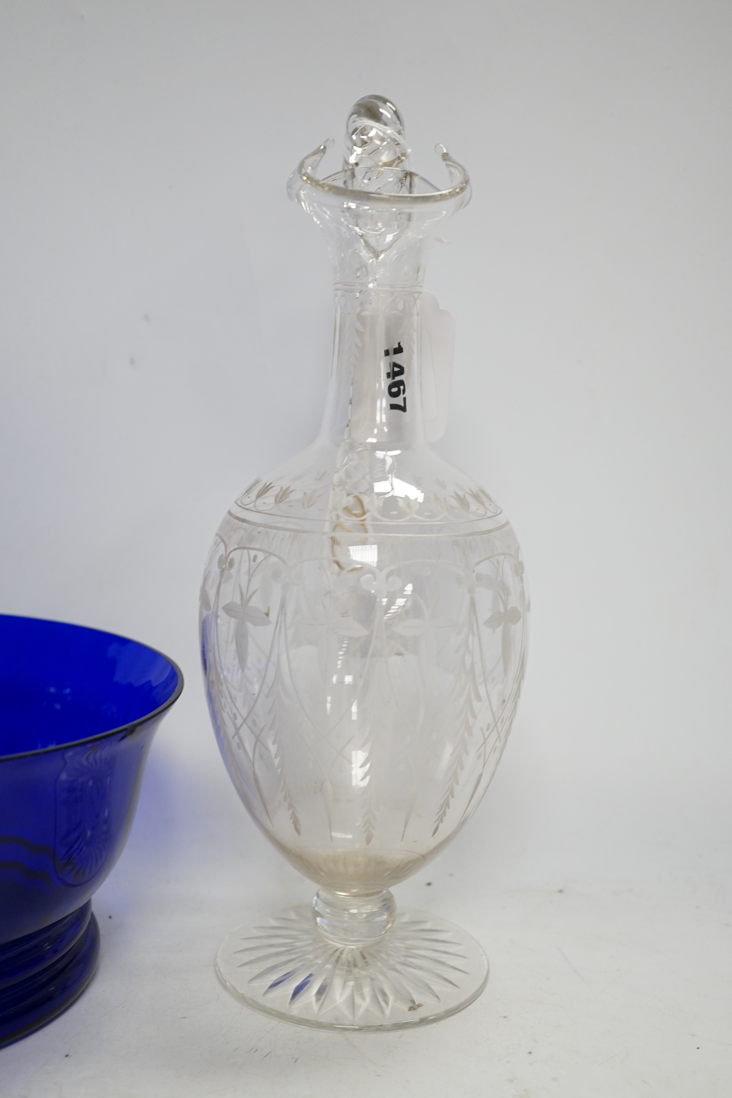 A Victorian ewer, a flask, two finger bowls and a blue glass bowl, ewer 30cm high